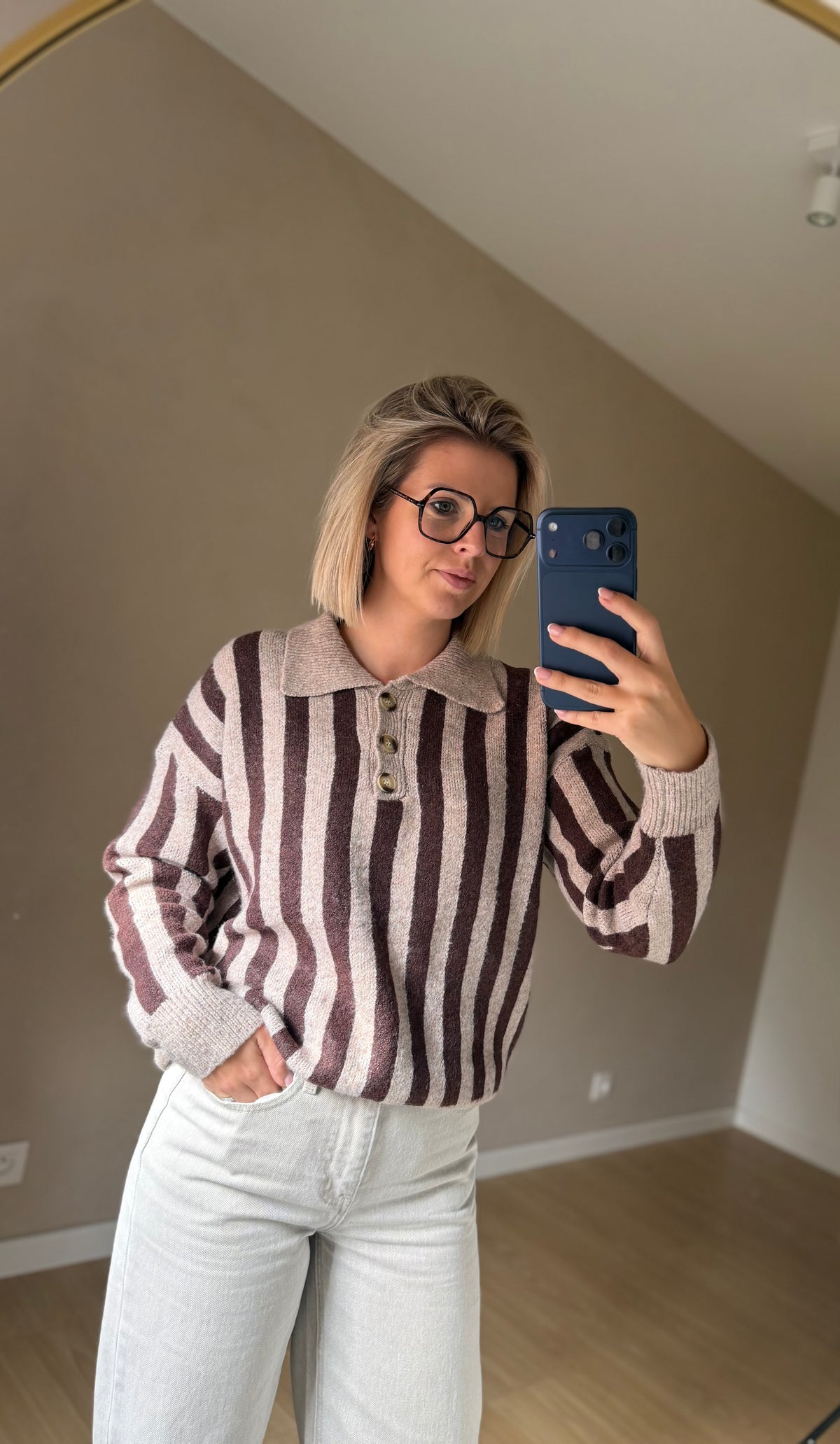 Bo gestreepte polo trui - beige/bruin