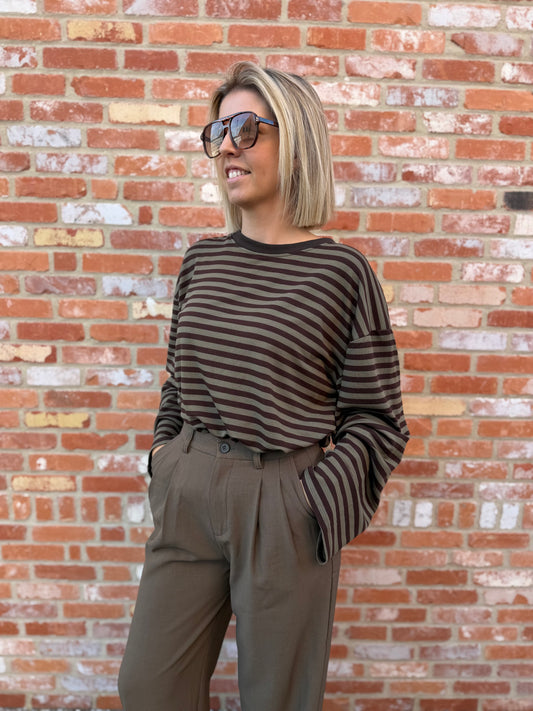 Millie gestreepte longsleeve - bruin/khaki