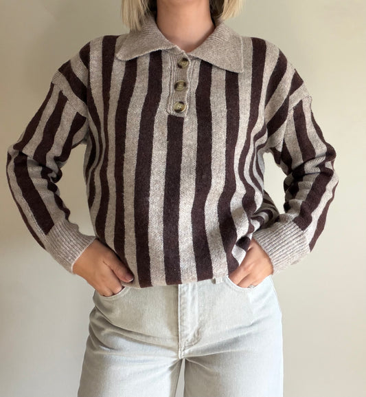 Bo gestreepte polo trui - beige/bruin