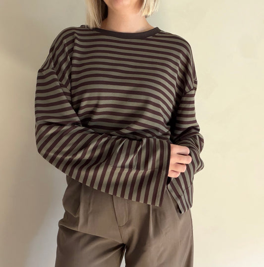 Millie gestreepte longsleeve - bruin/khaki