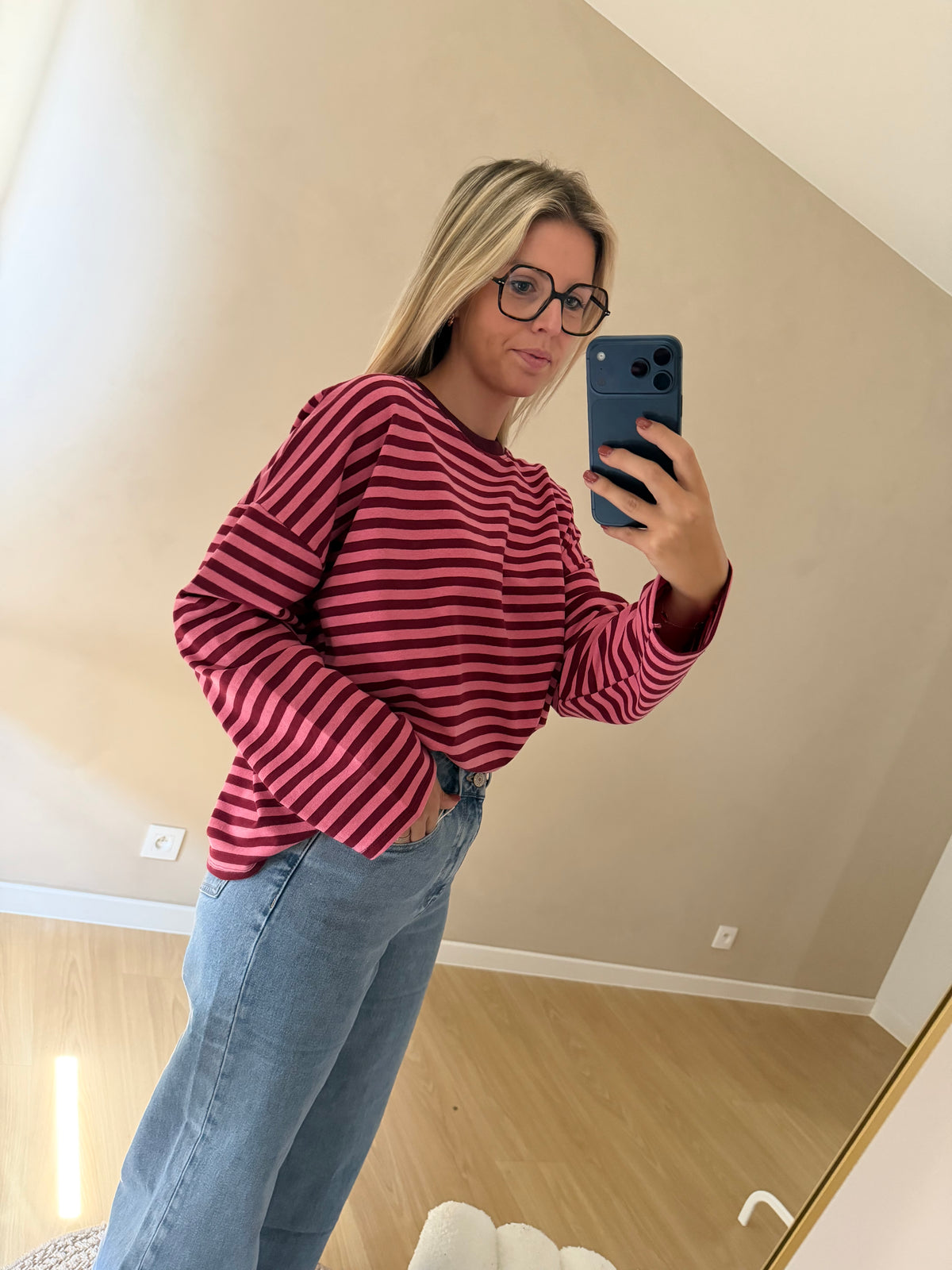 Mila gestreepte longsleeve - burgundy/roze