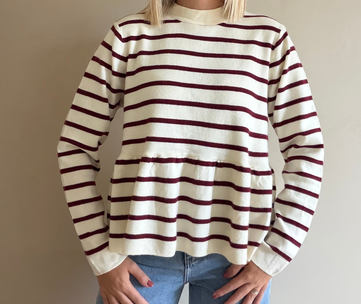 Lily gestreepte trui met strik - burgundy/crème
