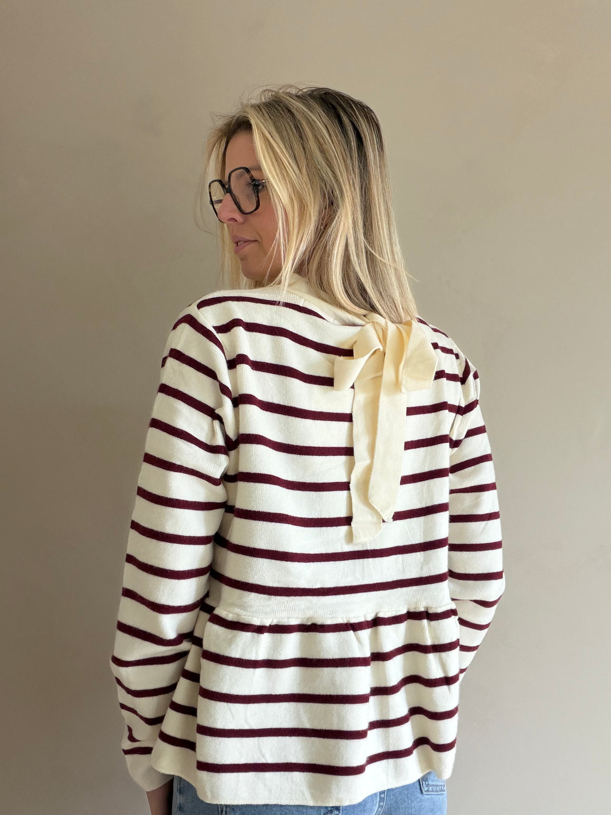 Lily gestreepte trui met strik - burgundy/crème