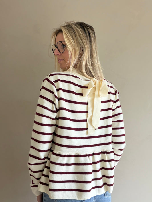 Lily gestreepte trui met strik - burgundy/crème