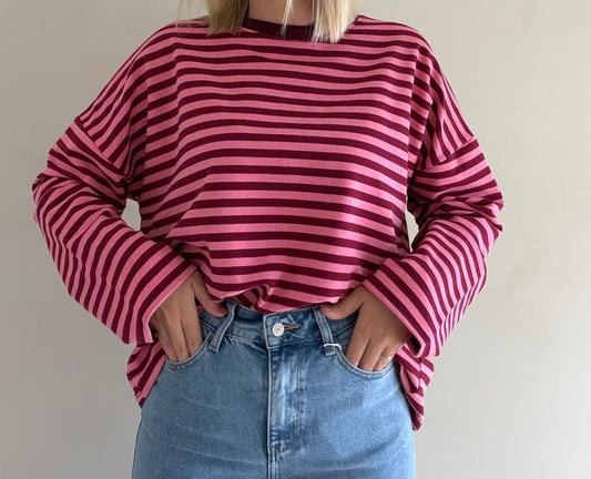 Mila gestreepte longsleeve - burgundy/roze